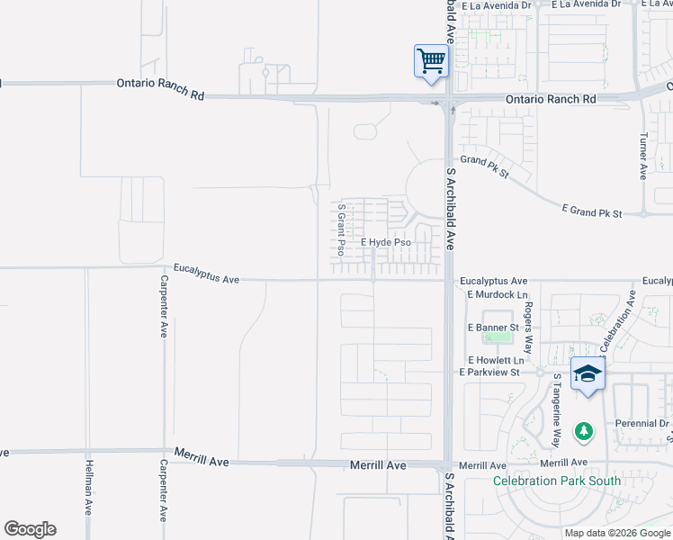map of restaurants, bars, coffee shops, grocery stores, and more near 9391 Eucalyptus Avenue in Ontario