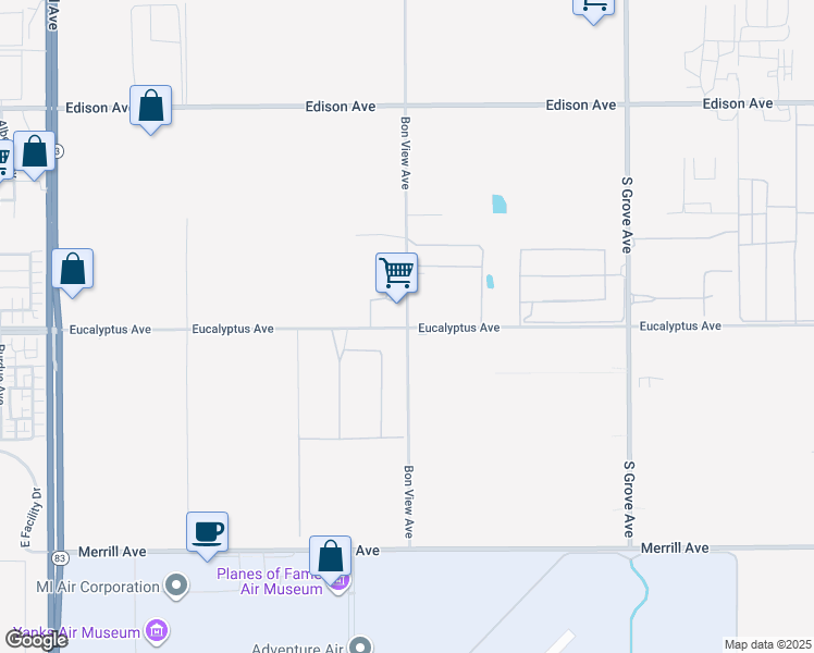 map of restaurants, bars, coffee shops, grocery stores, and more near 7565-7699 Eucalyptus Avenue in Ontario