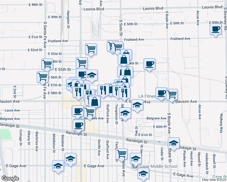 map of restaurants, bars, coffee shops, grocery stores, and more near 2746 East 58th Street in Huntington Park