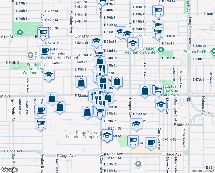 map of restaurants, bars, coffee shops, grocery stores, and more near 1140 East 58th Street in Los Angeles