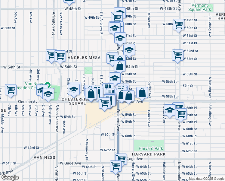 map of restaurants, bars, coffee shops, grocery stores, and more near 5745 South Western Avenue in Los Angeles
