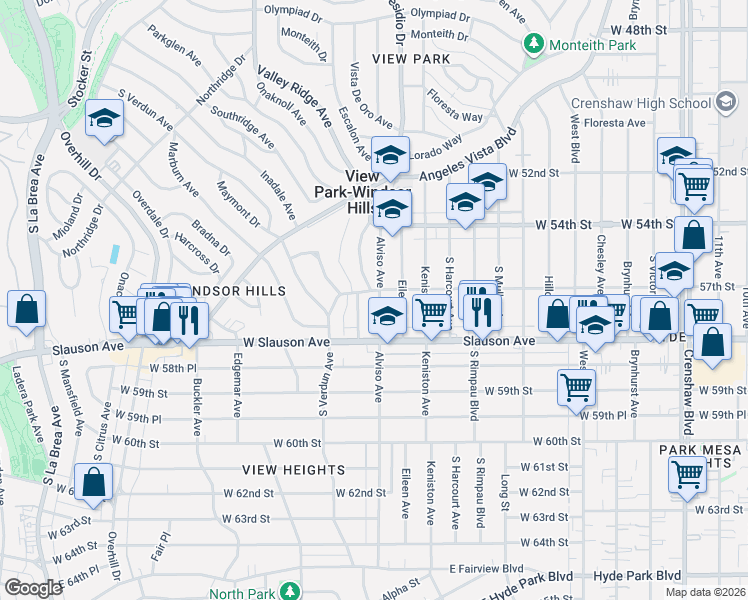 map of restaurants, bars, coffee shops, grocery stores, and more near 5725 Alviso Avenue in View Park-Windsor Hills