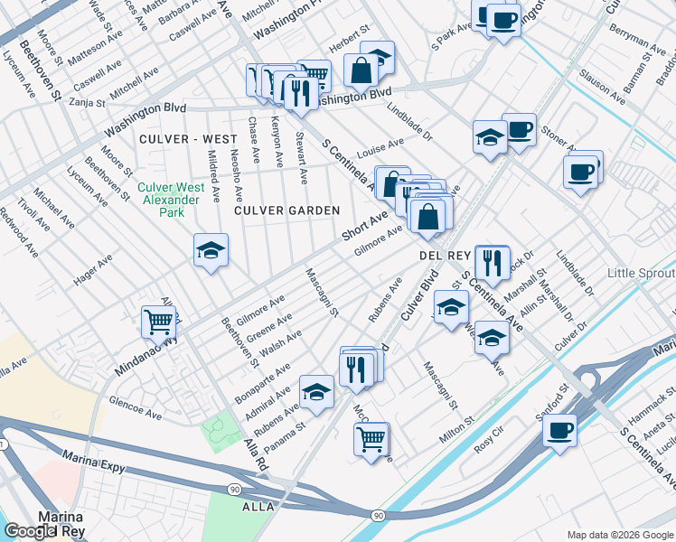 map of restaurants, bars, coffee shops, grocery stores, and more near 12536 Gilmore Avenue in Los Angeles