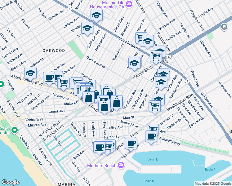 map of restaurants, bars, coffee shops, grocery stores, and more near in Los Angeles