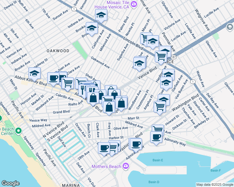 map of restaurants, bars, coffee shops, grocery stores, and more near in Los Angeles