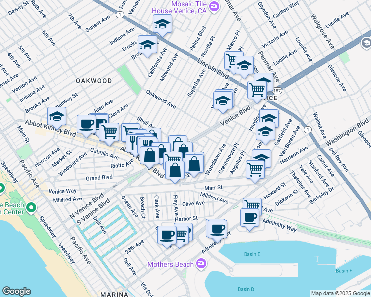 map of restaurants, bars, coffee shops, grocery stores, and more near in Los Angeles