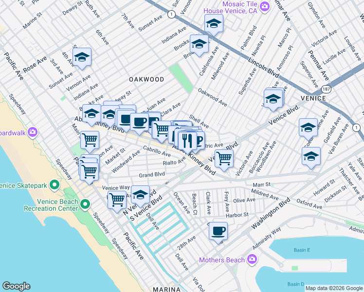 map of restaurants, bars, coffee shops, grocery stores, and more near 1515 Abbot Kinney Boulevard in Los Angeles