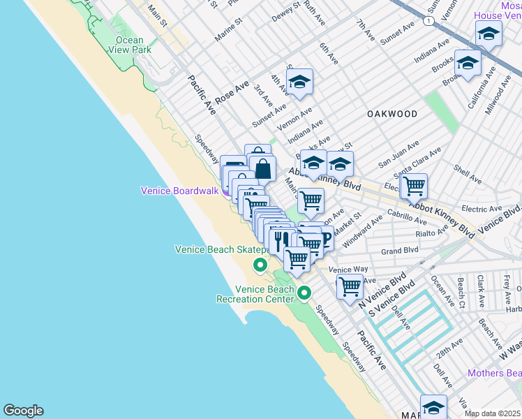 map of restaurants, bars, coffee shops, grocery stores, and more near 1007 Ocean Front Walk in Los Angeles