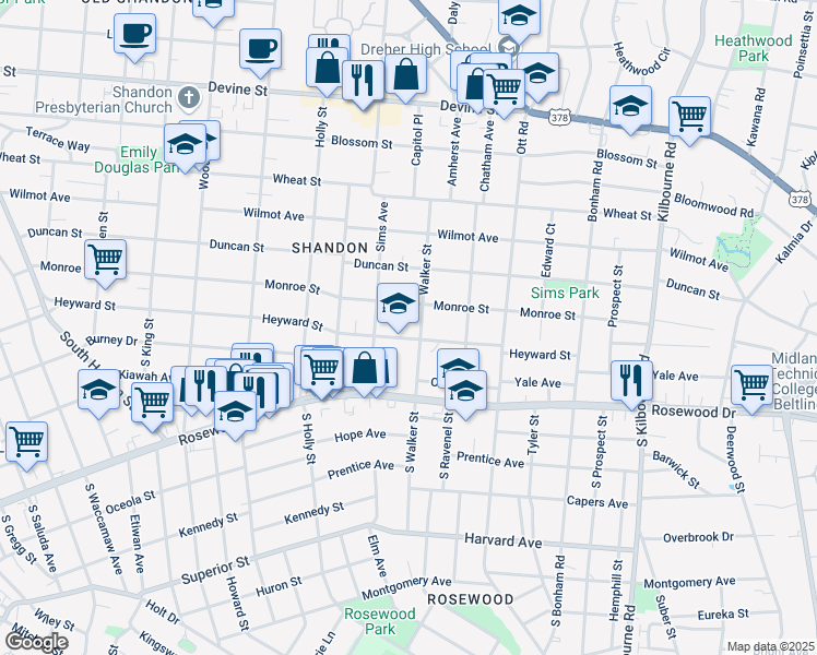 map of restaurants, bars, coffee shops, grocery stores, and more near in Columbia