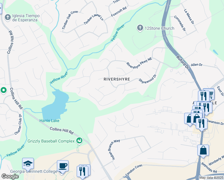 map of restaurants, bars, coffee shops, grocery stores, and more near 180 Shyrewood Drive in Lawrenceville