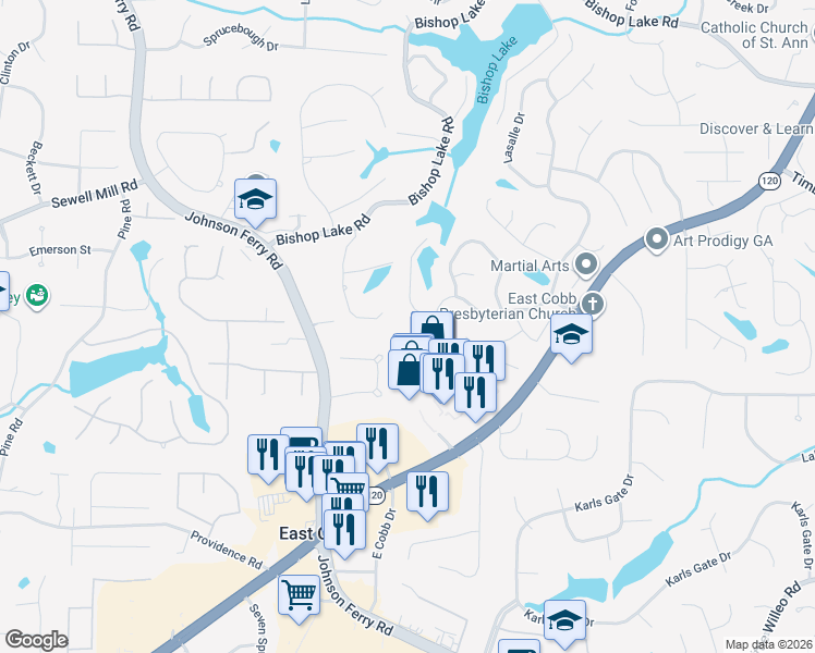 map of restaurants, bars, coffee shops, grocery stores, and more near 1748 Bishop Lake Court in Marietta