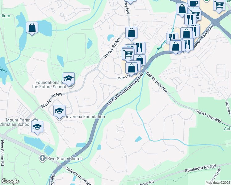 map of restaurants, bars, coffee shops, grocery stores, and more near 1517 Rachel's Ridge Northwest in Kennesaw