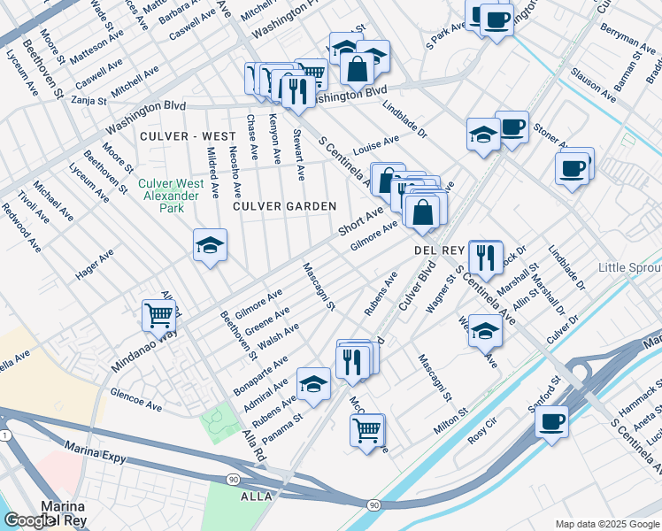 map of restaurants, bars, coffee shops, grocery stores, and more near 12520 Gilmore Avenue in Los Angeles
