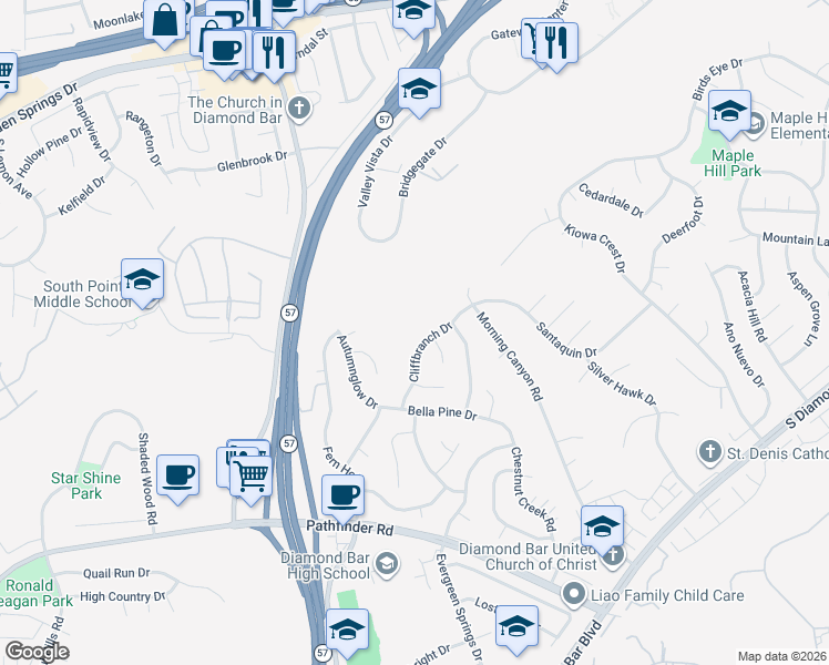 map of restaurants, bars, coffee shops, grocery stores, and more near 1739 Cliffbranch Drive in Diamond Bar