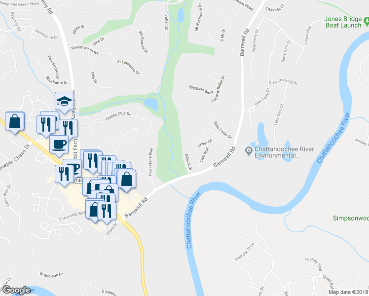 map of restaurants, bars, coffee shops, grocery stores, and more near 8770 Niblick Drive in Alpharetta