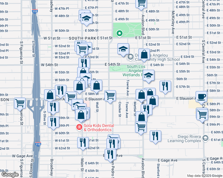 map of restaurants, bars, coffee shops, grocery stores, and more near 5725 San Pedro Street in Los Angeles