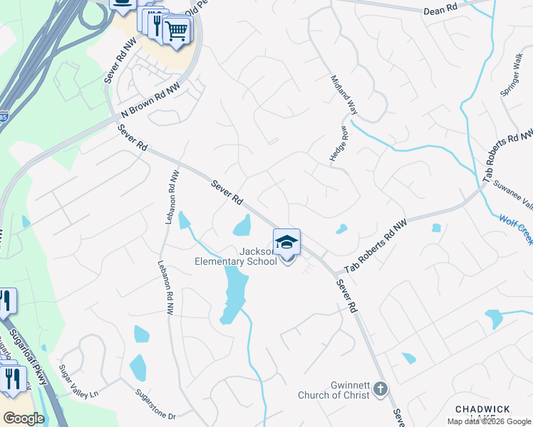 map of restaurants, bars, coffee shops, grocery stores, and more near 2631 Bechers Brook in Lawrenceville