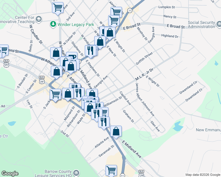 map of restaurants, bars, coffee shops, grocery stores, and more near 94 Martin Luther King Jr Drive in Winder