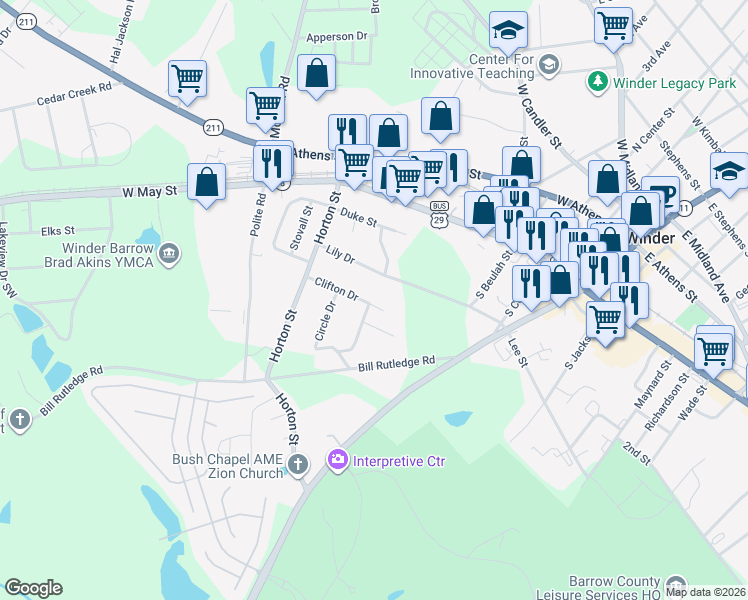 map of restaurants, bars, coffee shops, grocery stores, and more near 92 Clifton Drive in Winder