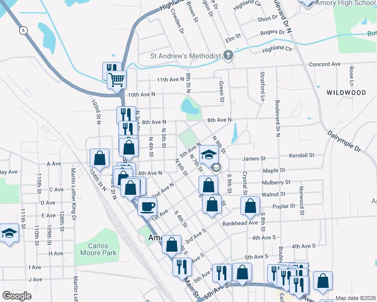 map of restaurants, bars, coffee shops, grocery stores, and more near 699 5th Avenue North in Amory