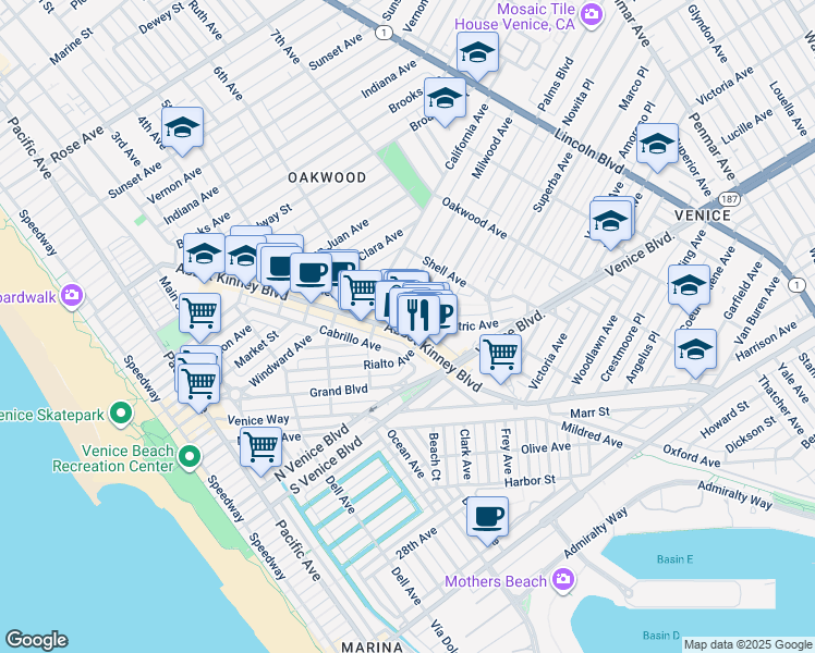 map of restaurants, bars, coffee shops, grocery stores, and more near 1515 Abbot Kinney Boulevard in Los Angeles