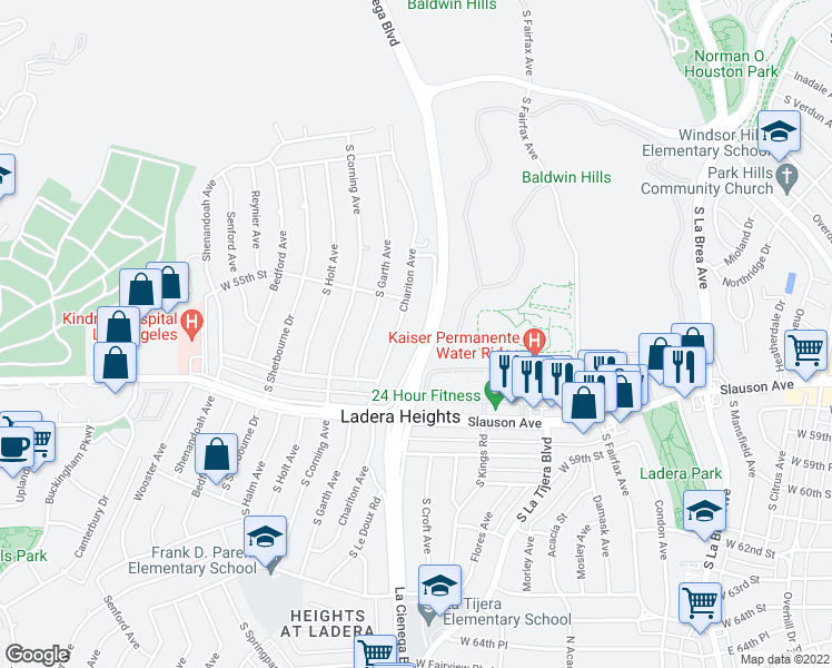 map of restaurants, bars, coffee shops, grocery stores, and more near 5539 South La Cienega Boulevard in Los Angeles