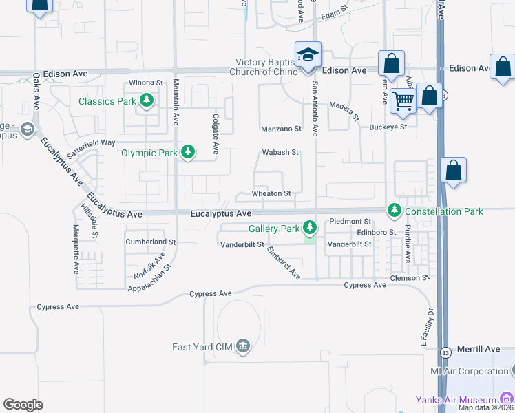 map of restaurants, bars, coffee shops, grocery stores, and more near 6558 Eucalyptus Avenue in Chino