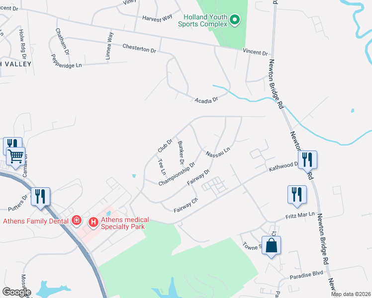 map of restaurants, bars, coffee shops, grocery stores, and more near 155 Bunker Drive in Athens