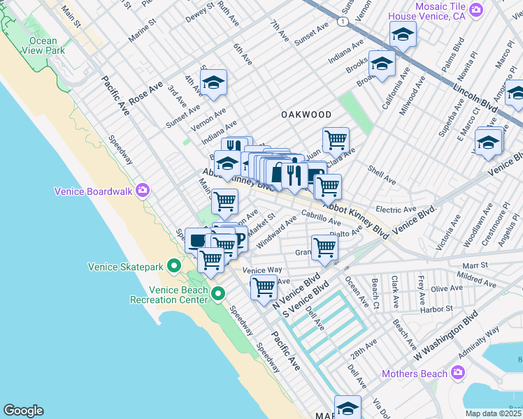 map of restaurants, bars, coffee shops, grocery stores, and more near 1304 Riviera Avenue in Los Angeles