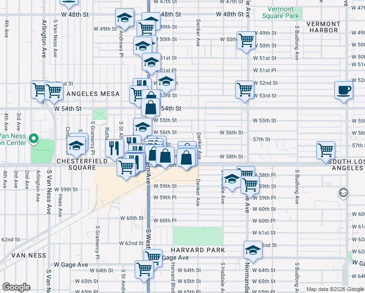 map of restaurants, bars, coffee shops, grocery stores, and more near 1638 57th Street in Los Angeles