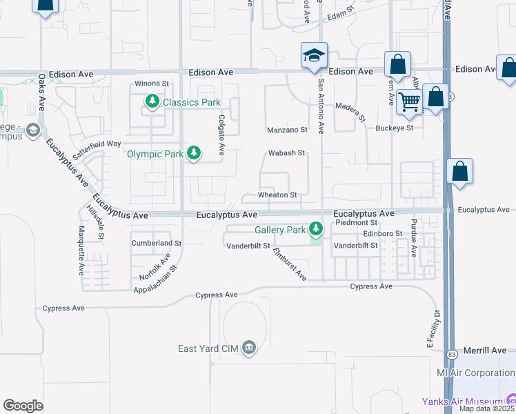 map of restaurants, bars, coffee shops, grocery stores, and more near 6550 Eucalyptus Avenue in Chino