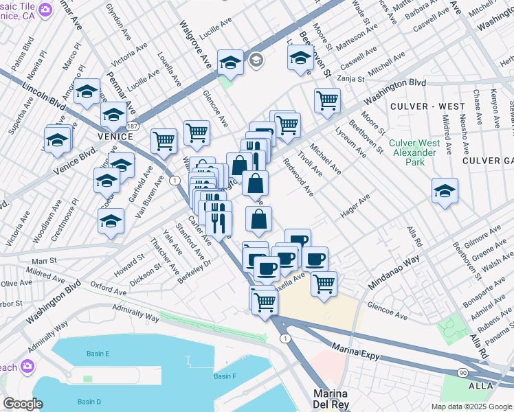 map of restaurants, bars, coffee shops, grocery stores, and more near 4056 Del Rey Avenue in Marina del Rey