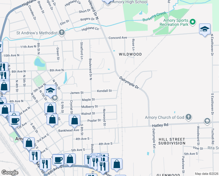 map of restaurants, bars, coffee shops, grocery stores, and more near 1102 Kendall Street in Amory