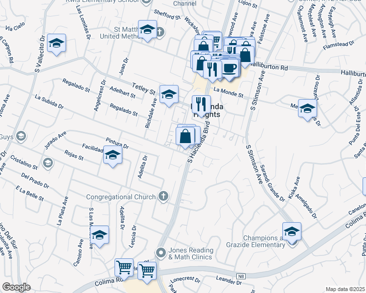 map of restaurants, bars, coffee shops, grocery stores, and more near 2401 South Hacienda Boulevard in Hacienda Heights