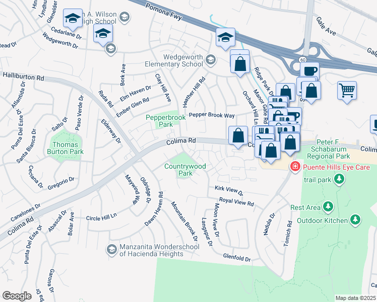map of restaurants, bars, coffee shops, grocery stores, and more near 16919 Regan Court in Hacienda Heights