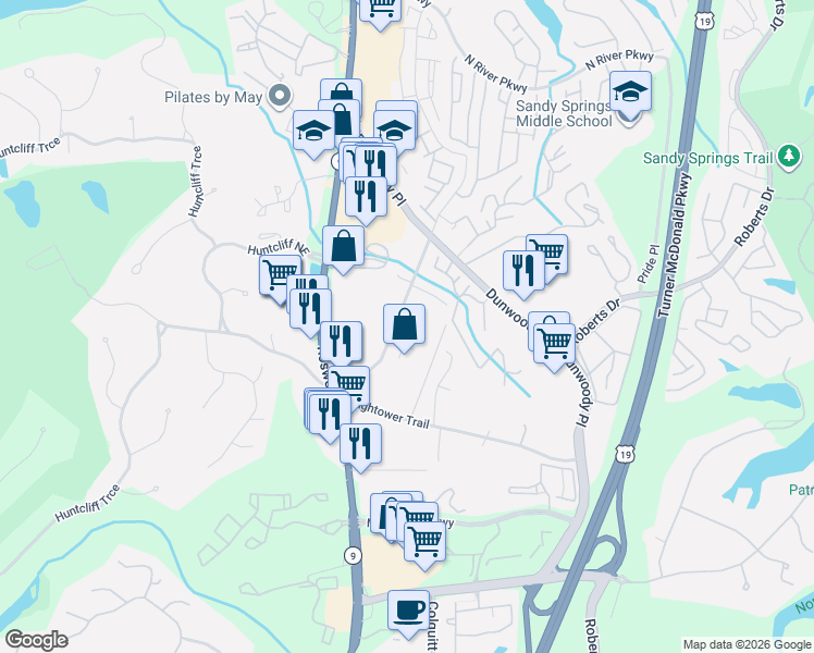 map of restaurants, bars, coffee shops, grocery stores, and more near 8665 Hope Mews Court in Atlanta