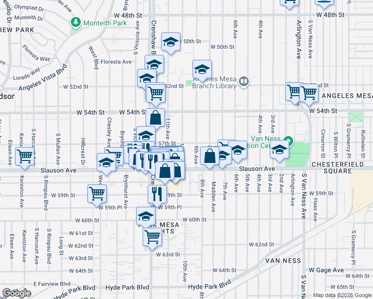 map of restaurants, bars, coffee shops, grocery stores, and more near 5714 10th Avenue in Los Angeles