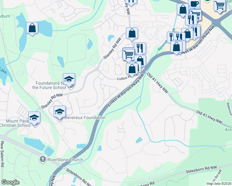 map of restaurants, bars, coffee shops, grocery stores, and more near 1517 Rachel's Ridge Northwest in Kennesaw