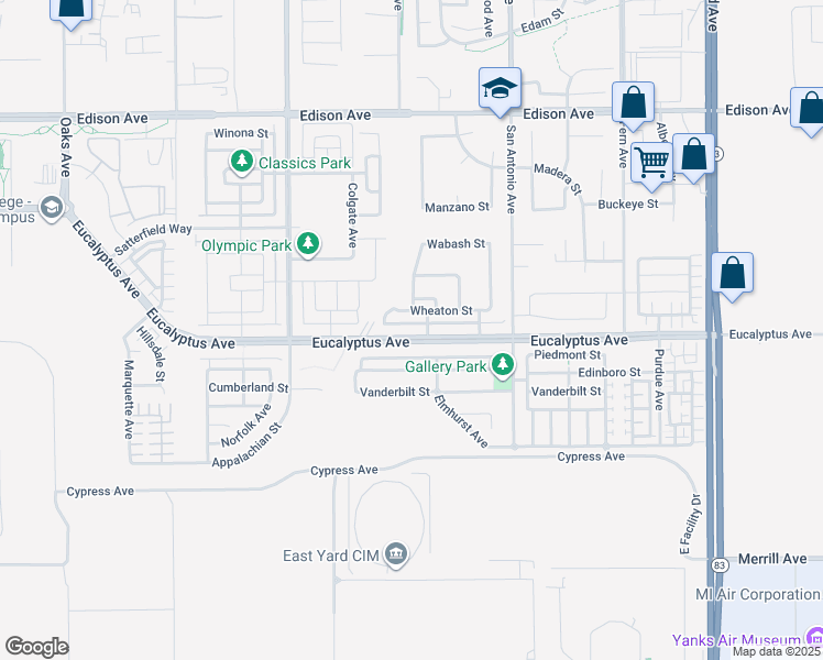map of restaurants, bars, coffee shops, grocery stores, and more near 6550 Eucalyptus Avenue in Chino