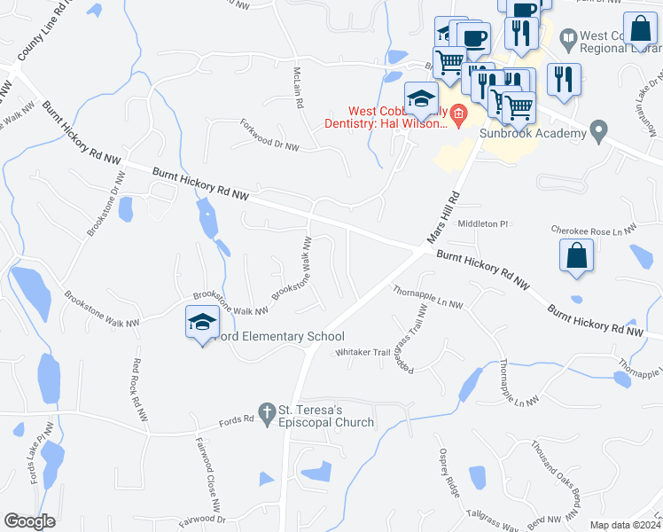 map of restaurants, bars, coffee shops, grocery stores, and more near 1480 Fallsbrook Court Northwest in Acworth