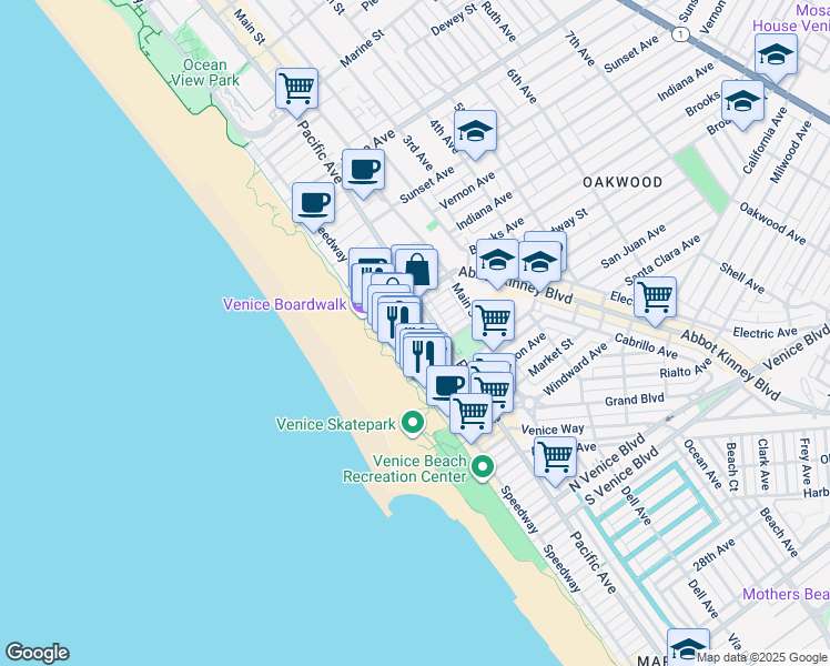 map of restaurants, bars, coffee shops, grocery stores, and more near 30 Breeze Avenue in Los Angeles