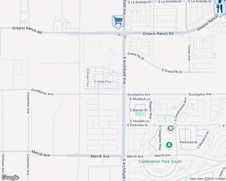 map of restaurants, bars, coffee shops, grocery stores, and more near 2616 East Lincoln Paseo in Ontario