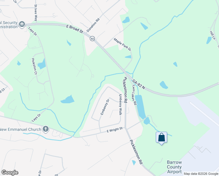 map of restaurants, bars, coffee shops, grocery stores, and more near 576 Embassy Walk in Winder