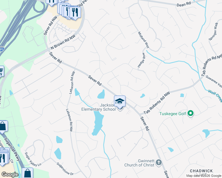 map of restaurants, bars, coffee shops, grocery stores, and more near 2631 Bechers Brook in Lawrenceville