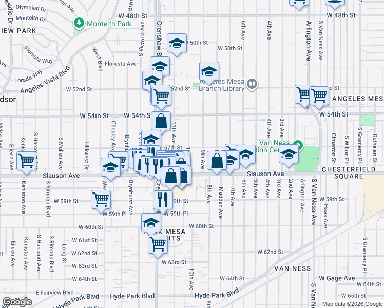map of restaurants, bars, coffee shops, grocery stores, and more near 5714 10th Avenue in Los Angeles