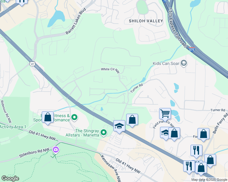 map of restaurants, bars, coffee shops, grocery stores, and more near 617 Maple Grove Way in Marietta
