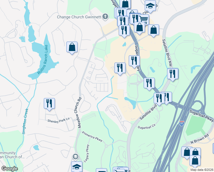 map of restaurants, bars, coffee shops, grocery stores, and more near 2093 Meadow Peak Road in Duluth