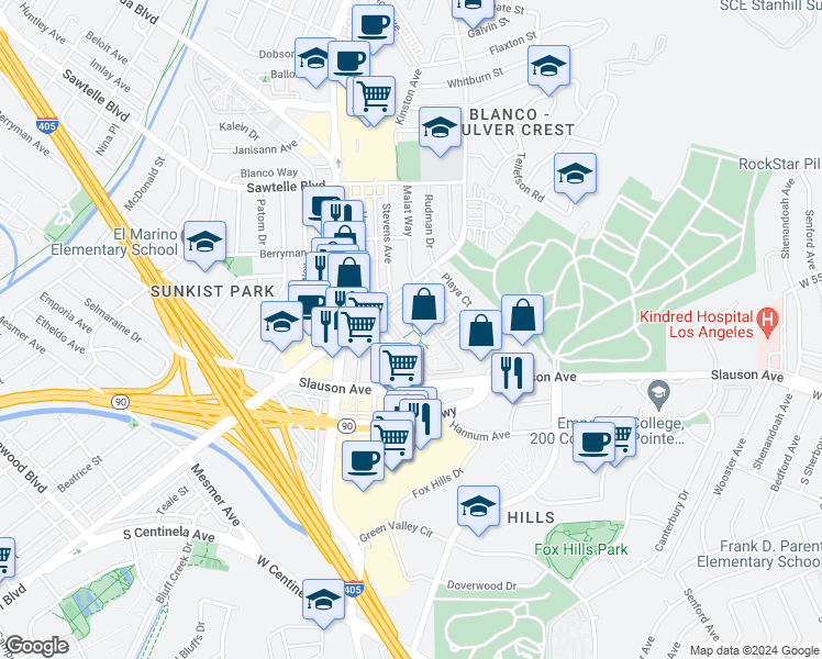 map of restaurants, bars, coffee shops, grocery stores, and more near 6603 Hannum Avenue in Culver City
