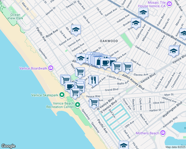 map of restaurants, bars, coffee shops, grocery stores, and more near 1304 Riviera Avenue in Los Angeles