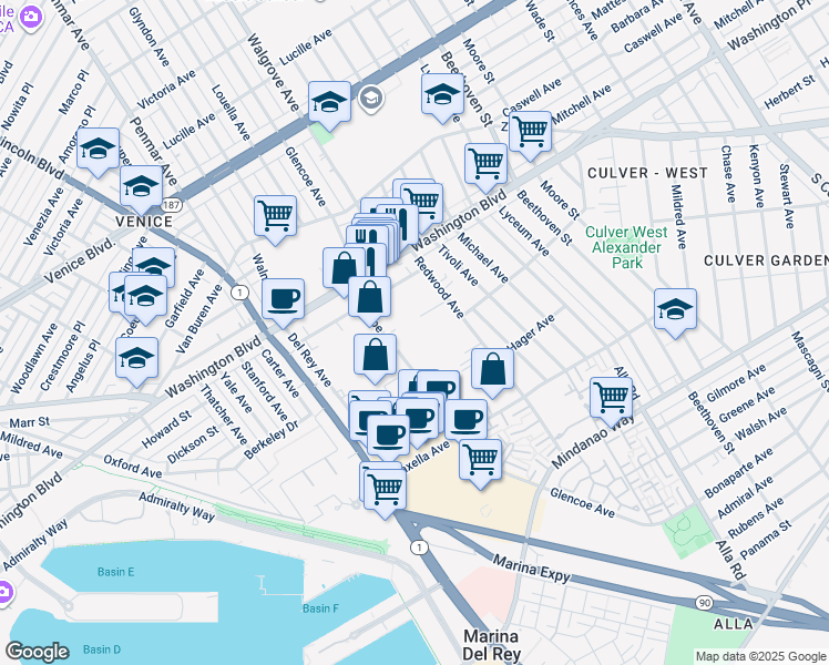 map of restaurants, bars, coffee shops, grocery stores, and more near 4080 Glencoe Avenue in Marina del Rey